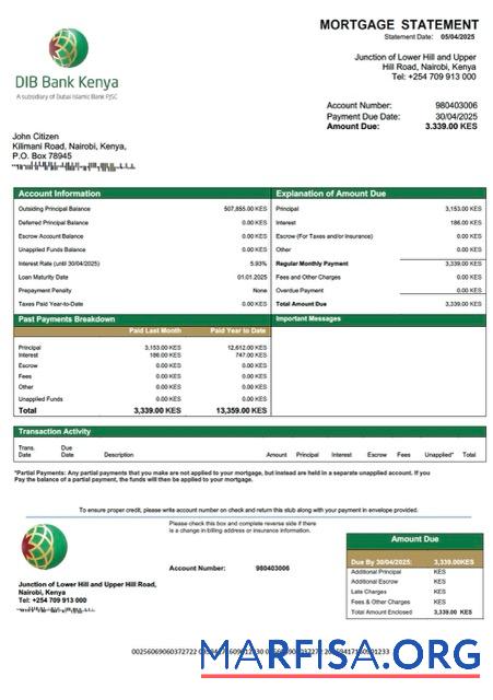 Realistic Kenya DIB Bank Kenya mortgage statement Word and PDF template